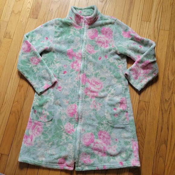 Floral Plush Zip-Up Robe Nightgown With Pockets By Miss Elaine - M - Picture 2 of 6